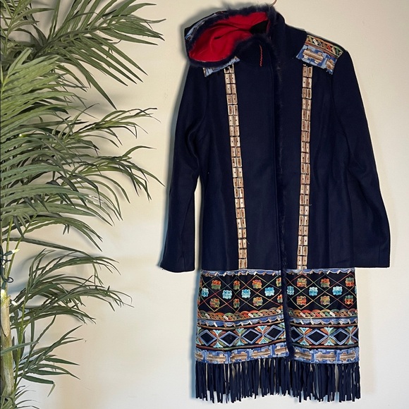 BOHO Navy Hooded Coat – Multi-Color Embroidery & Rabbit Fur Trim & Fringe Hem - Picture 3 of 16
